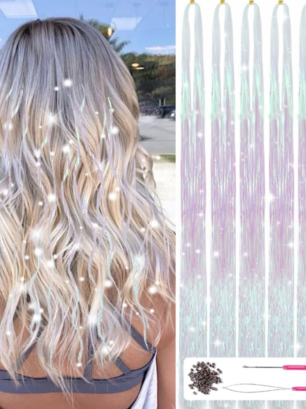 Hair Tinsel Kit With Tools 47Inch Fairy Hair Tinsel Heat Resistant 6Pcs 1200Stra